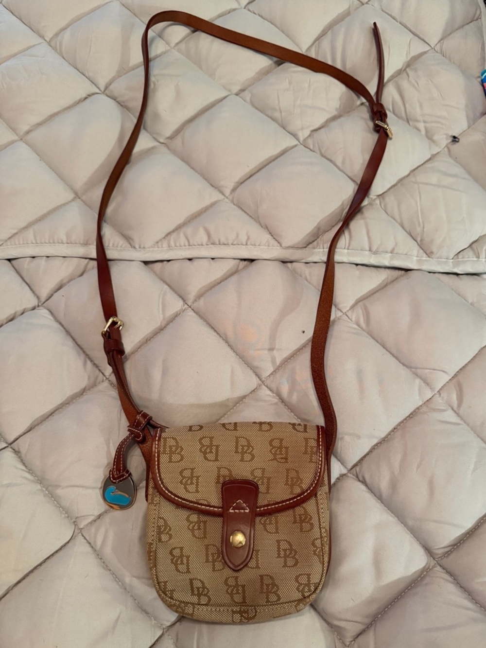 Dooney & Bourke Tan Monogram Crossbody with Brown Leather Trim